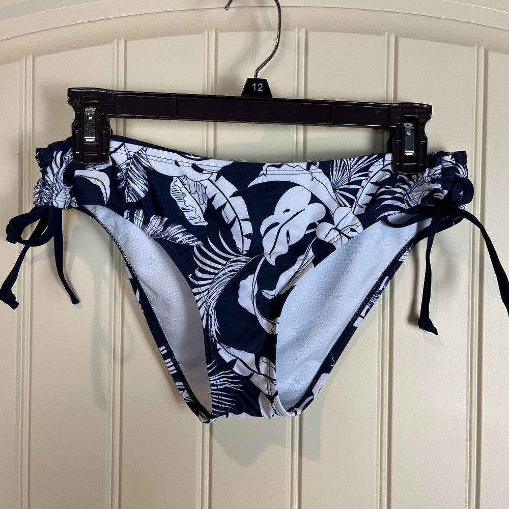 Hurley Bikini Bottom Size M Navy Blue with White Palm Leaf Hawaiian Pattern